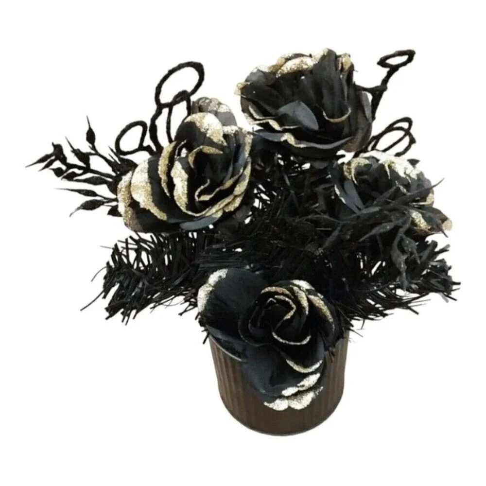Artificial Flower Bouquet Arrangement Corrugated Tin Vase Black Gold Gray Rose
